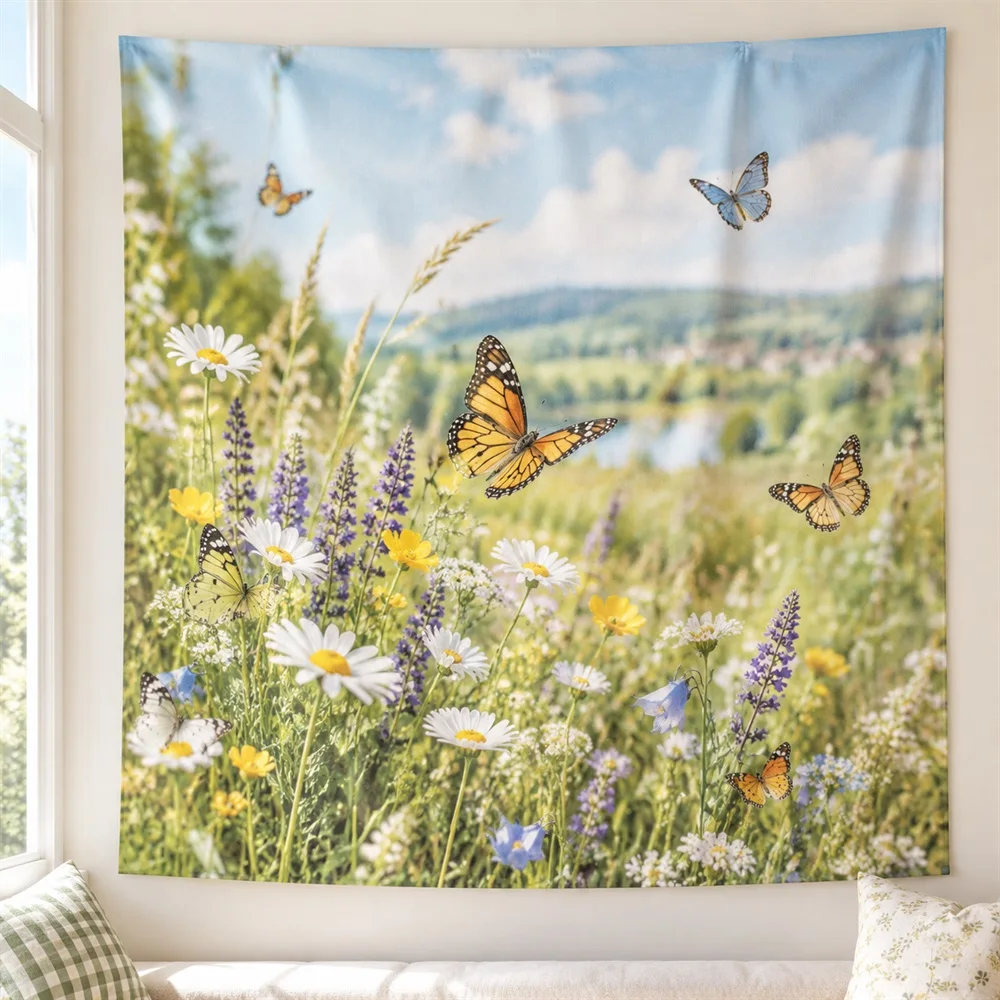 VIKAMA Butterfly Meadow Tapestry Wall Hanging, Aesthetic Cottage Room Decor Tapestries for Nursery Kids Room Bedroom Living Room