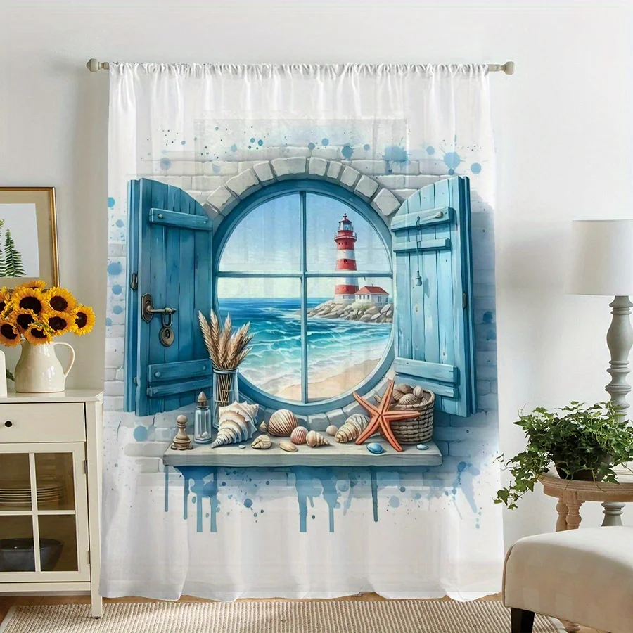 1PC Sheer Curtain, Watercolor Coastal Nautical Lighthouse Seashell Window Print, Rod Pocket Sheer Drapes for Bedroom Living Room