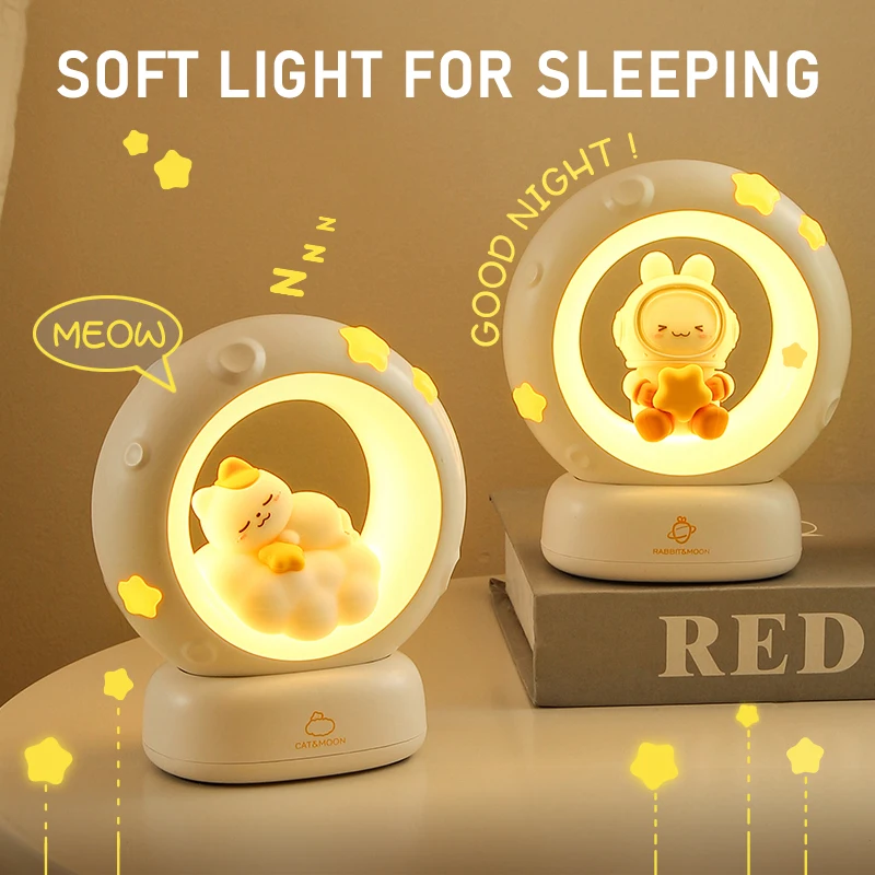 Cute Panda LED Clap Night Light Cat Rabbit USB Rechargeable Reading Table Lamp Room Decor Gift for Baby Children Sleeping Lights