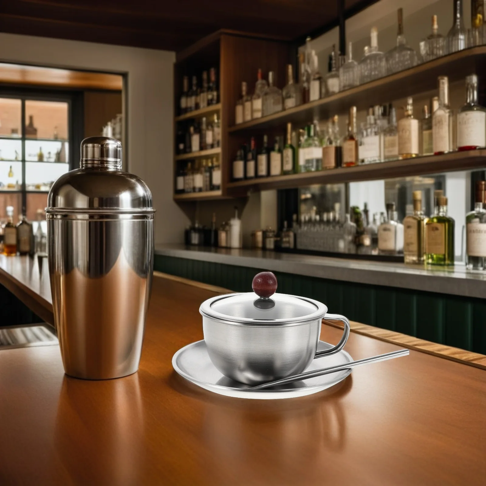 

1 Set Vintage Coffee Cups Saucers Stainless Steel Mug Set Unbreakable For Latte Cold Brew Afternoon Tea Rustic Metal Drinkware