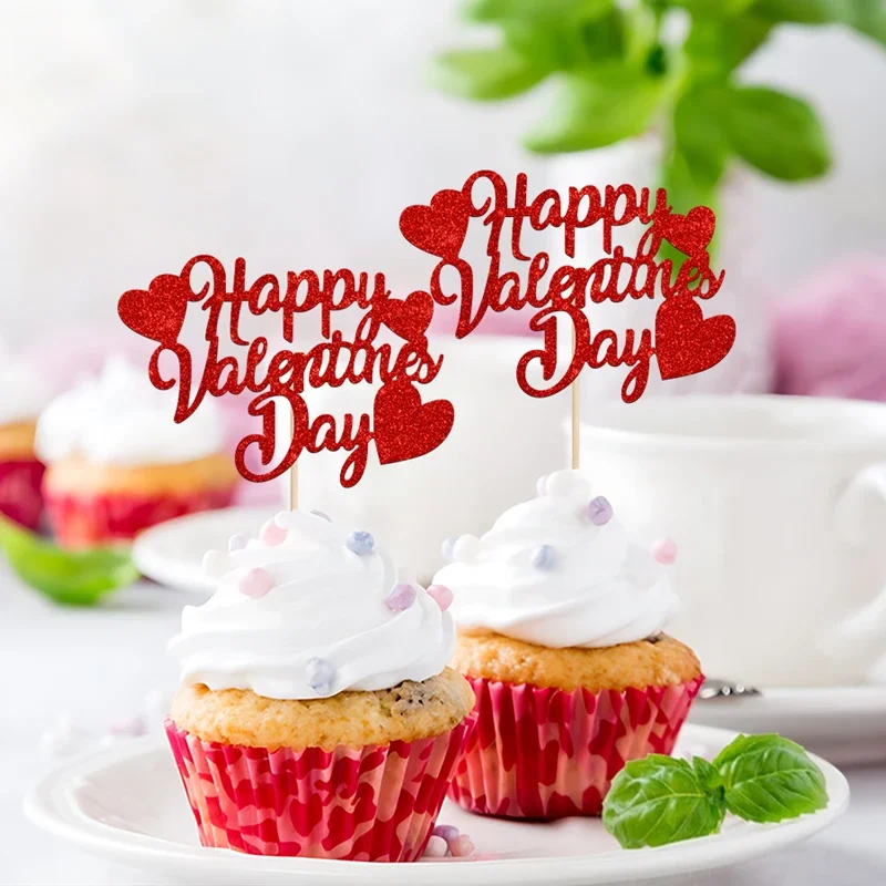 24Pcs Happy Valentines Day Cupcake Toppers Glitter Red Cupcake Picks Wedding Decorations Gift for Valentine\'s Day Party Supplies