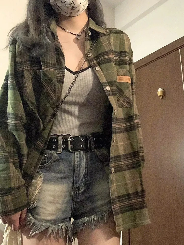 

Green Plaid Shirts Women Long Sleeve Streetwear Blouse Casual Loose Spring Female Retro American Harajuku Tops