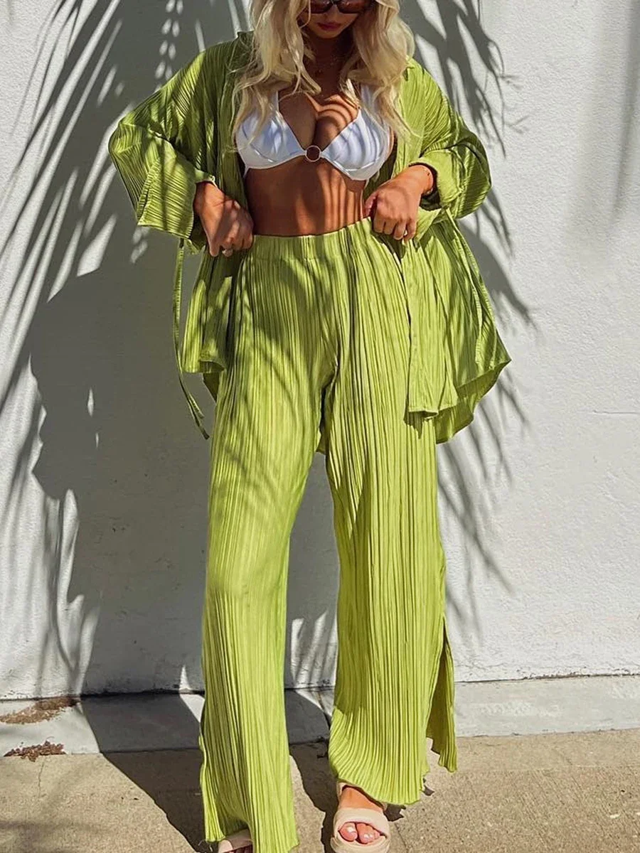 Women Two-piece Pleated Pants Suits Casual Chic Solid Color Long Sleeve Button down Shirts and Straight Leg Trousers Sets 2025