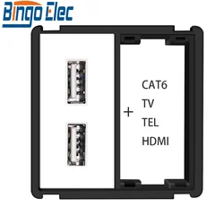 Bingoelec Wall EU French Brasil Israel Socket + TV CAT6 Internet Jack, HDMI-compatible & USB Optical Fiber Connector DIY Module