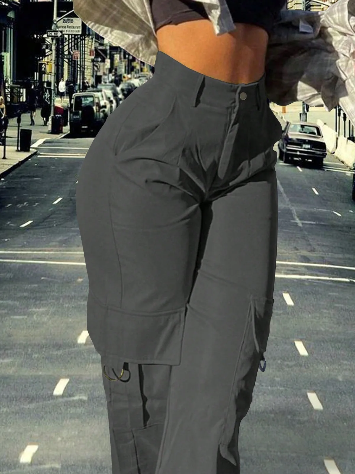 

Women's High-Waisted Y2K Cargo Pants - Baggy Stretchy Straight/Wide Leg with Pockets for Casual/Work Streetwear