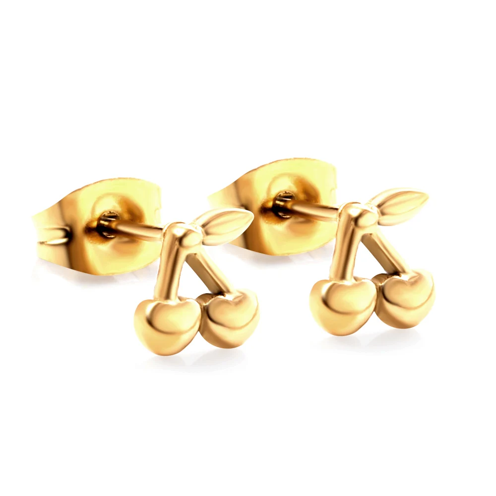 Gold Plated Small Cherry Stud Earrings For Women Girls Korean Style Stainless Steel Push Back Aretes De Mujer Casual Stud Trendy