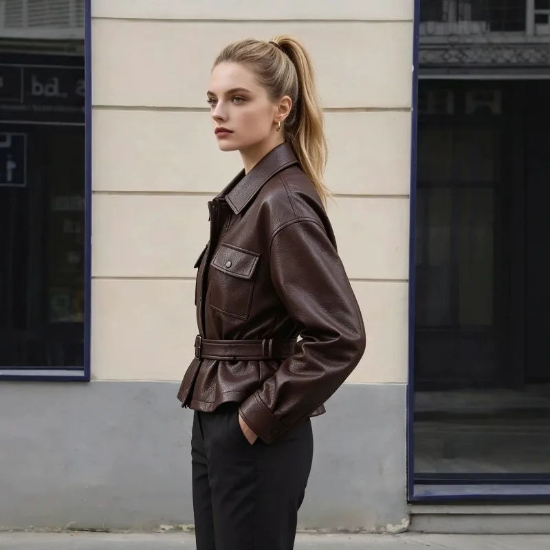 Autumn Retro Brown Lapel PU Leather Jacket Women's Belt Motorcycle Slimming Commuting Versatile Leather A Fashionable Bestseller