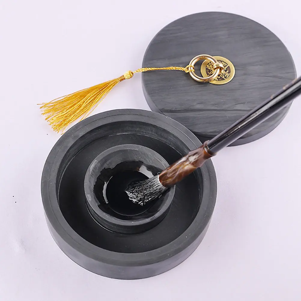Classical Style Covered Calligraphy Inkwell Large Capacity Drawing Inkslab Preserve Moisture Ink Stone Smooth Burr Free Surface