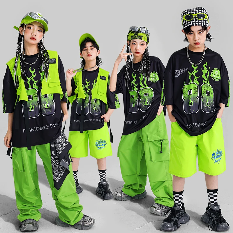 Boys Hip Hop Blue T-shirt Cargo Pants Street Dance Shorts Girls K-pop Jazz Costume Children Cool Clothes Set Kid Streetwear