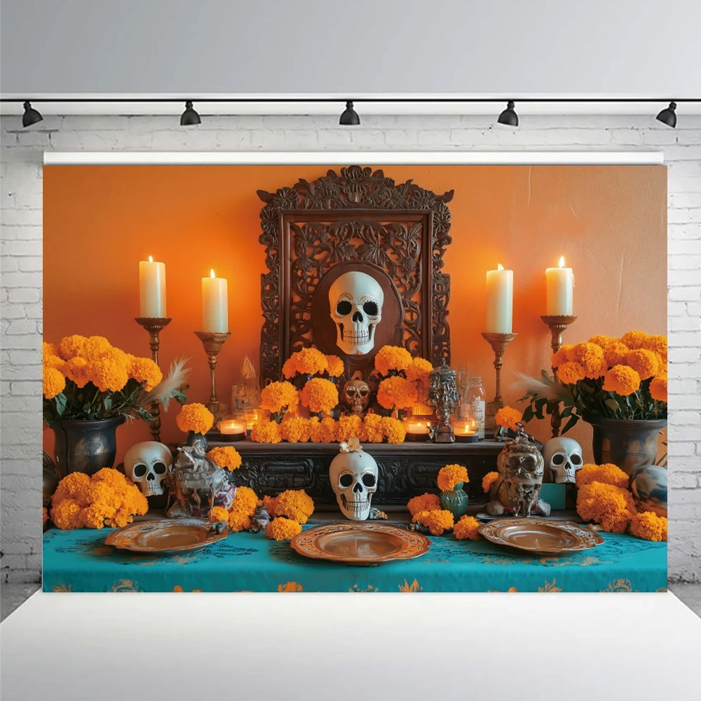 Mexican Carnival Party Photography Background Colorful Flowers Skull Fiesta Cinco DeMayo Day of The Dead Festival Photo Backdrop