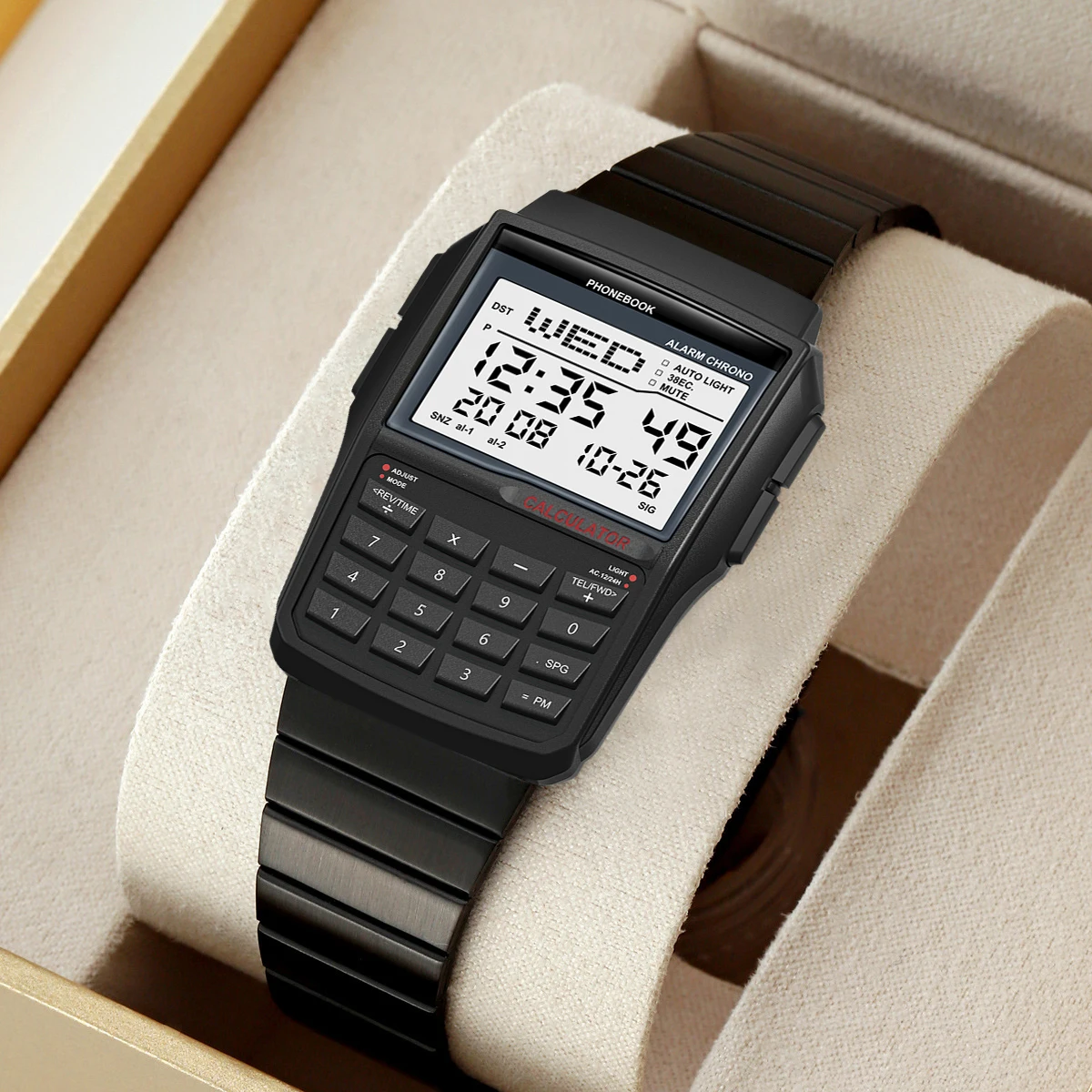 ساعة رجالية فاخرة بحزام فولاذي ساعة آلة حاسبة متعددة الوظائف LED ساعة نمط الكمبيوتر نموذج رائج البيع