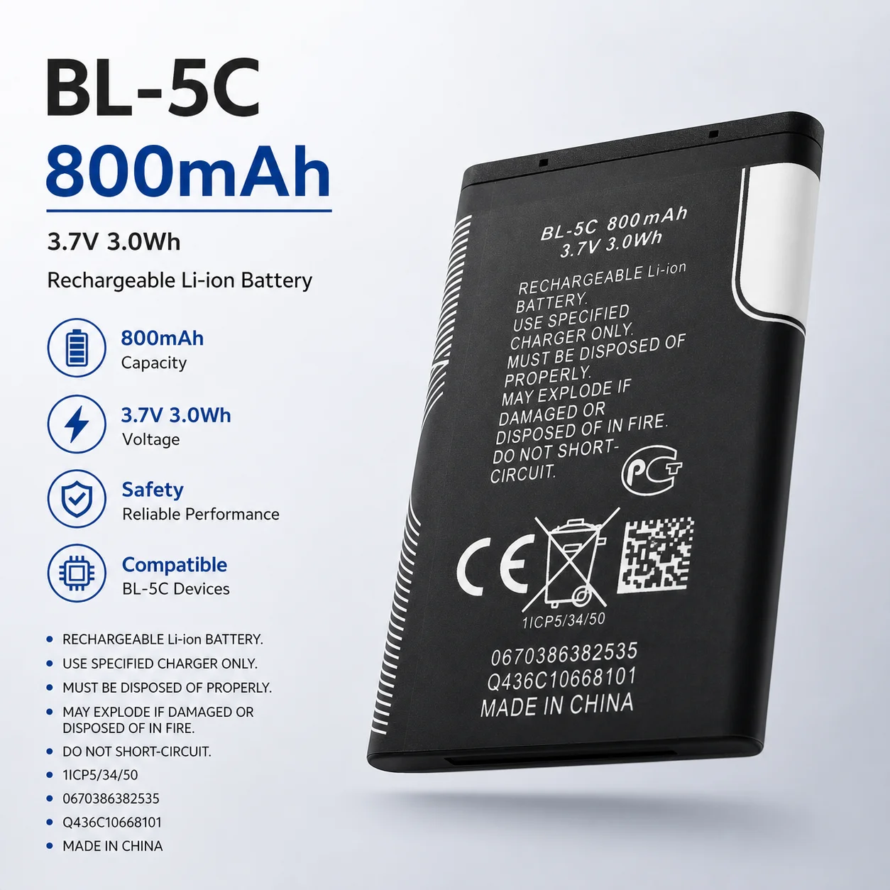 BL-5C Replacement Phone Battery 3.7V 800mAh Rechargeable Cell For Nokia 2112 2118 2255 2270 2280 2300 2600 2610 3125 3230 1pc