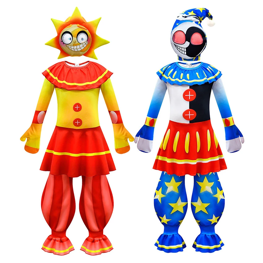 Sundrop Moondrop Boss Cartoon Clown Mask Jumpsuit Boy Cosplay Anime Halloween Costume for Kid Carnival Masquerade Disguise Dress