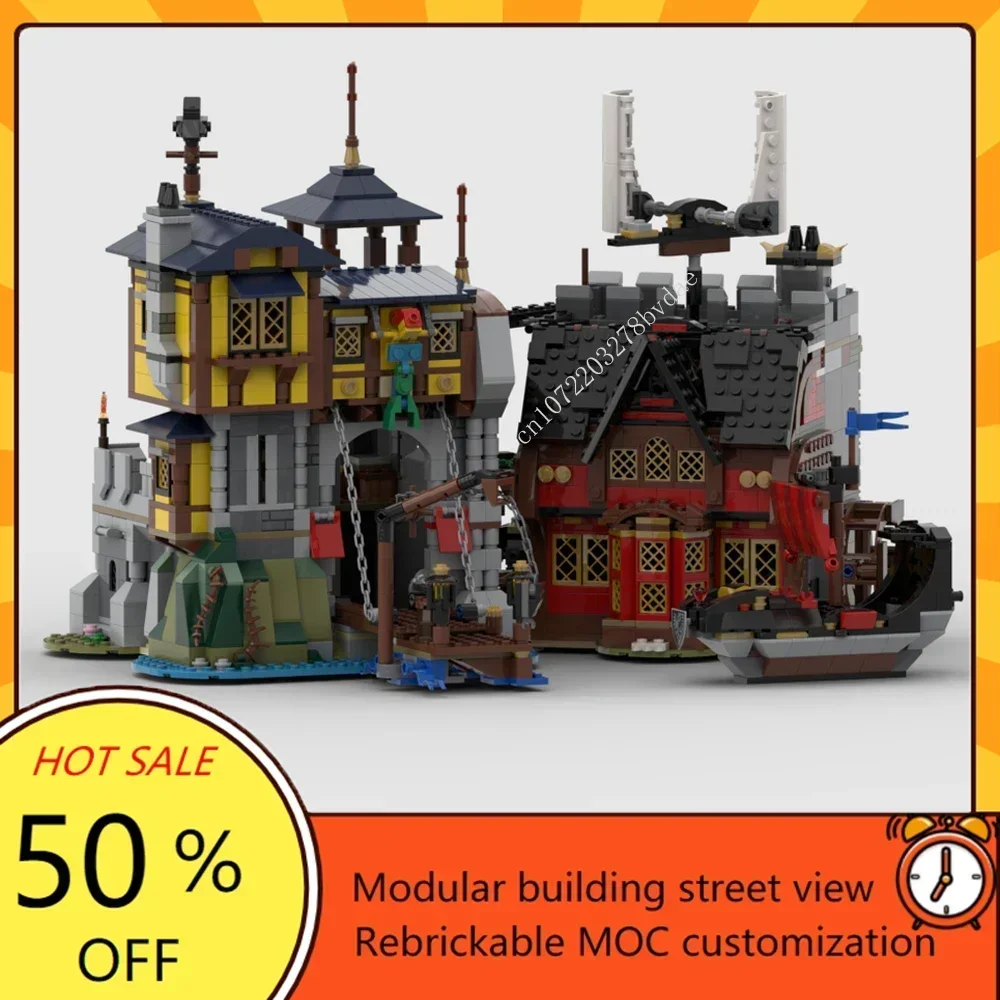 

2284PCS Castle Port and Pirate Tavern MOC Creative Medieval Fortress Model Building Blocks Architecture Assembly DIY Toys Gifts