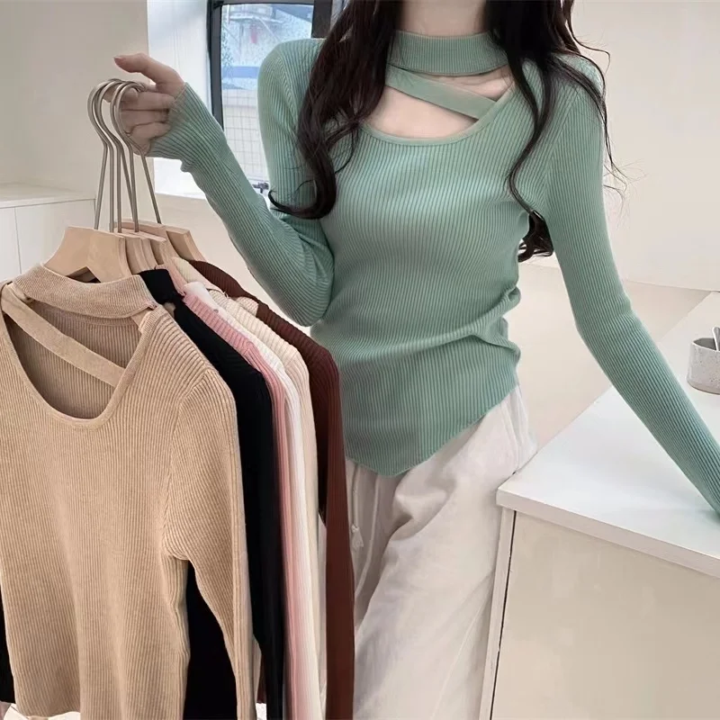 

Autumn and Winter New Slim Halterneck Round Neck Base Sweater Knitwear Women's Underwear Top Irregular Long-sleeved Top