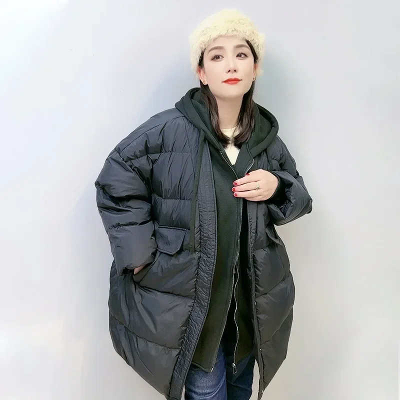 Chaqueta de plumón de talla grande para mujer, 150 kg, larga y gruesa, invierno 20224, plumón de pato blanco nuevo con capucha, dos abrigos falsos,