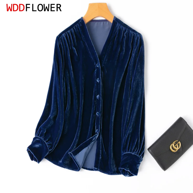 Women Velvet Silk Shirt 100% Mulberry Silk Lining Navy Color V Neck Long Sleeve Buttons Down Top Blouse Office Lady M L XL M1042