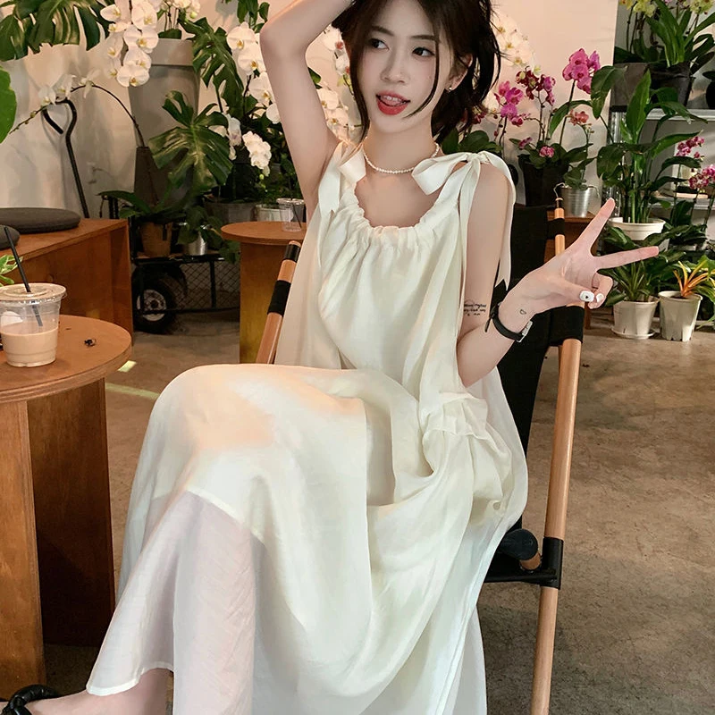 Sweet Long Beach Dress Women French Elegant Beige Camis Dress Summer Fashion Backless Sexy Lace Up Sleeveless Vestidos New