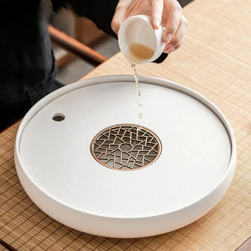 

Zen Round Ceramic Tea Tray with Water Storage, Minimalist Chinese Gongfu Tea Table for Living Room, Decorative Tea Set Tray