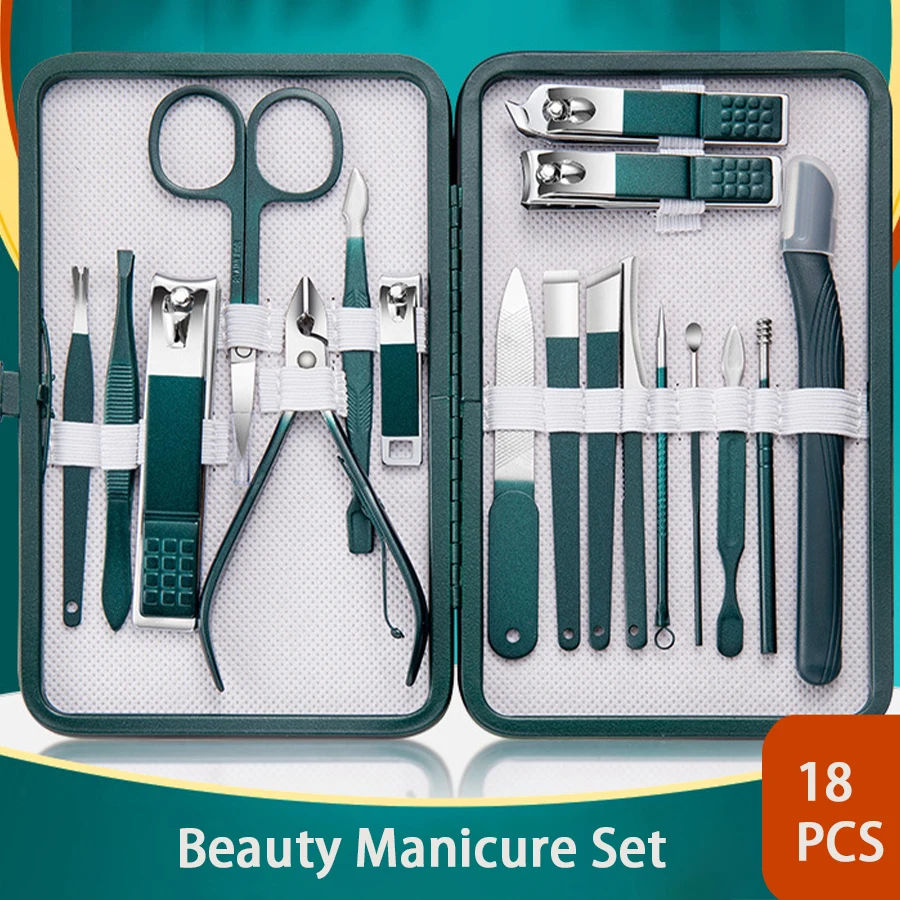 Conjunto de Cortadores de Unhas em Aço Inoxidável Verde - 6-18 Peças com Caixa de Armazenamento em Couro - Conjunto Profissional de Ferramentas para Cuidados com os Pés e Rosto