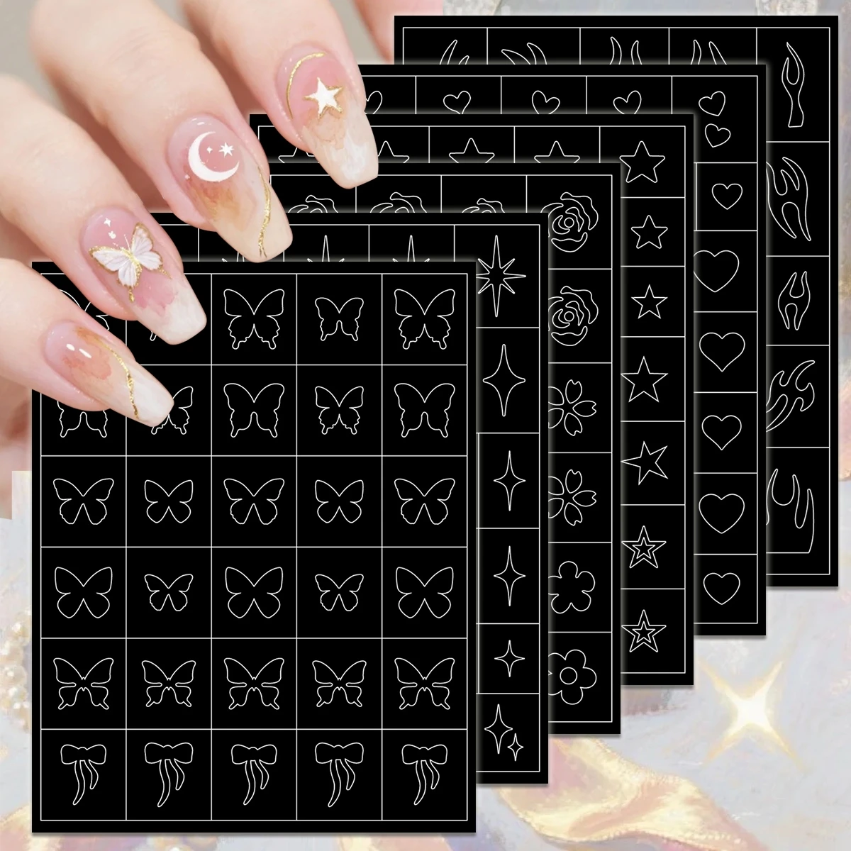 

3 to 18 Sheets Minimal Line Nail Stencil Art Stickers, Hearts Stars Butterflies Flames Outline Decals for DIY Manicure
