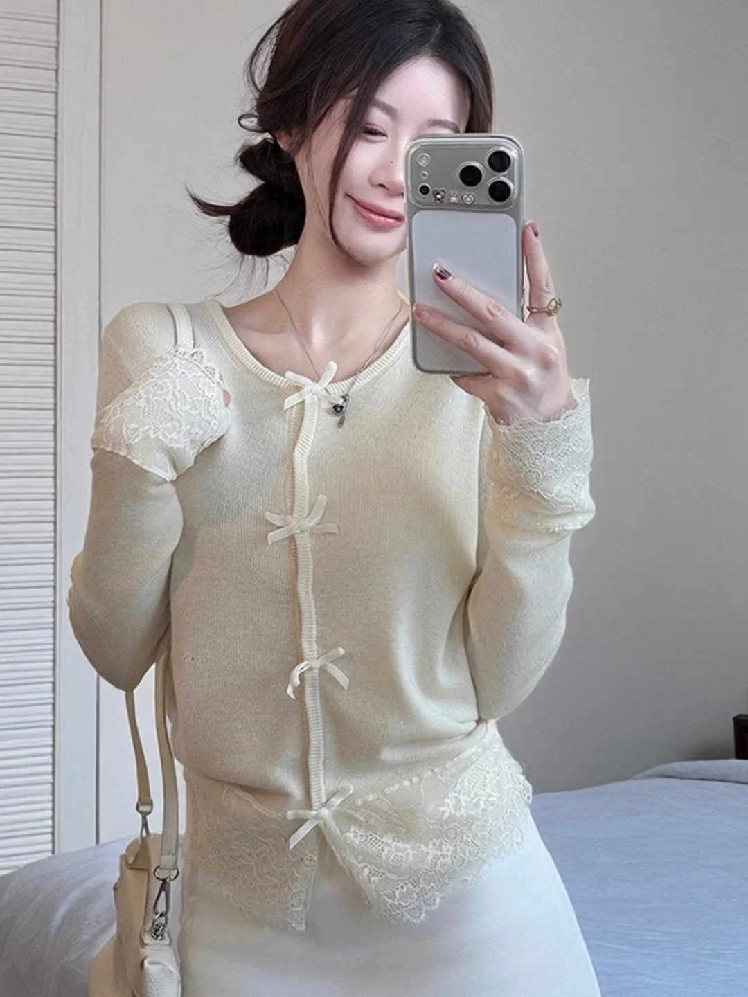 

Sweet Style Long Sleeve Knitted Sweater Women's Fashion Autumn Winter New Soft Youth Slim Fit Base Shirt Knot Lace ...