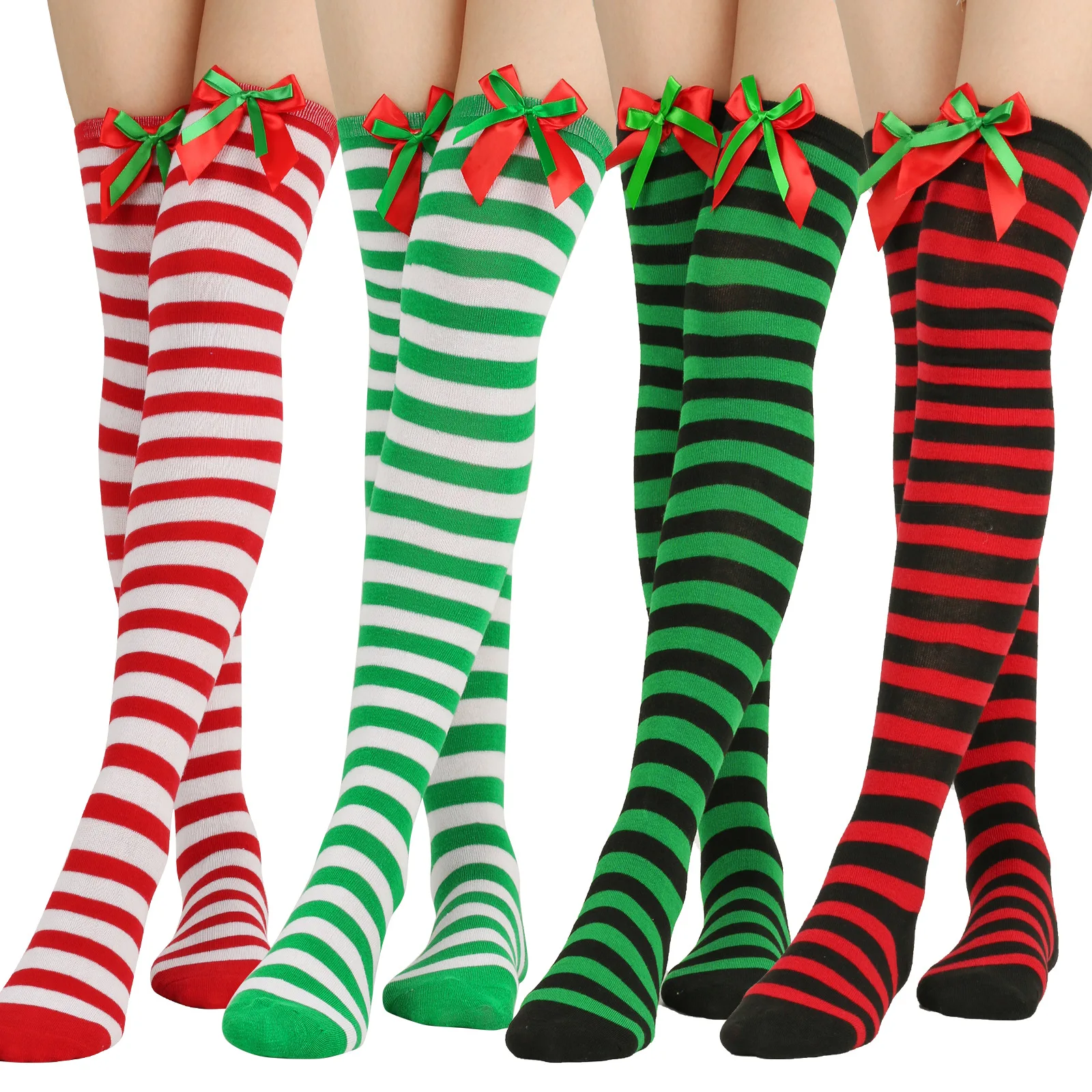 Kerstsokken voor dames, kleurrijk, compressiekousen, lange overknee-kousen met strik, lange sokken, knuffelsokken, reiskousen, kerstcadeau voor vrouwen, PP4-B, One size