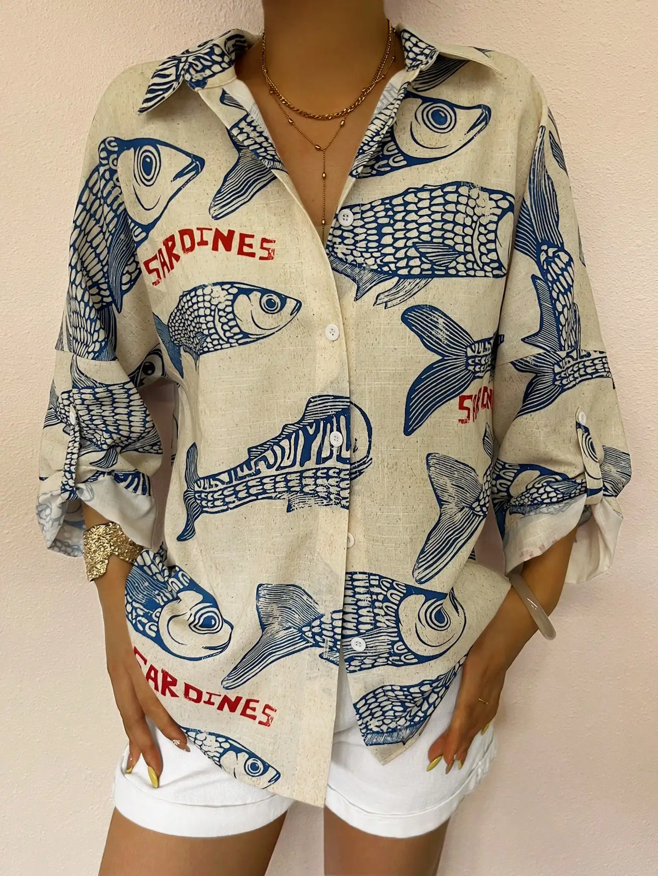 

Женская рубашка оверсайз с принтом рыбы, на пуговицах, повседневная, свободного кроя, с длинными рукавами