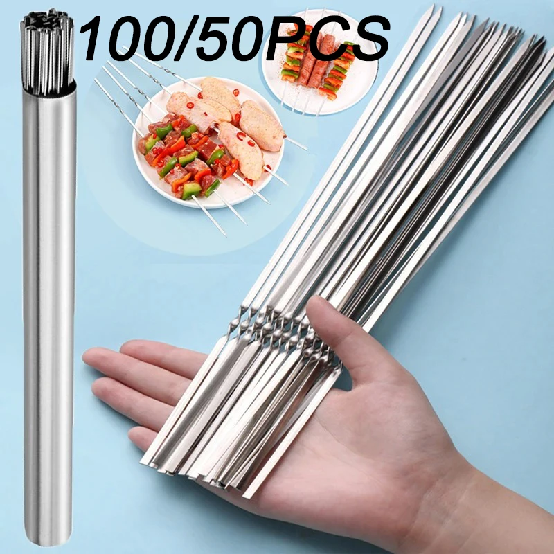 50/100Pcs Stainless Steel Barbecue Skewer Holder Reusable BBQ Skewers Kebab Iron Stick Set for Outdoor Camping Picnic Tools