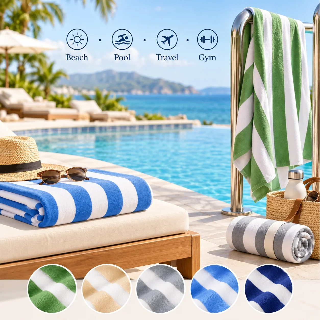 Microfiber Striped Beach Towel, Super Absorbent Quick-Dry Sports Towel, Swimming Bath Towel for Adults