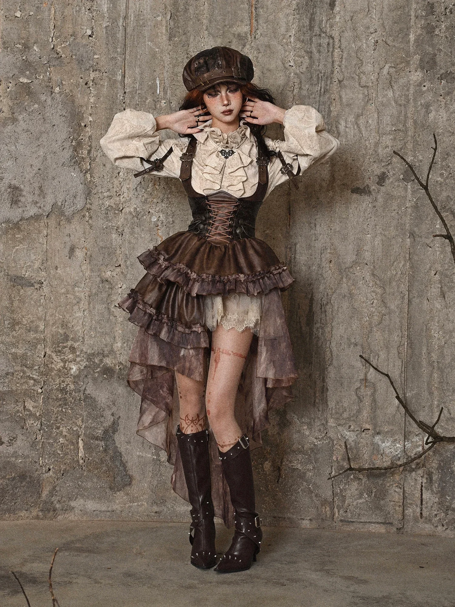 Blood Supply Original Dark Steampunk Asymmetric PU Autumn Maillard Chest Strap Trail Dress Brown Light Lolita Suspender Dress