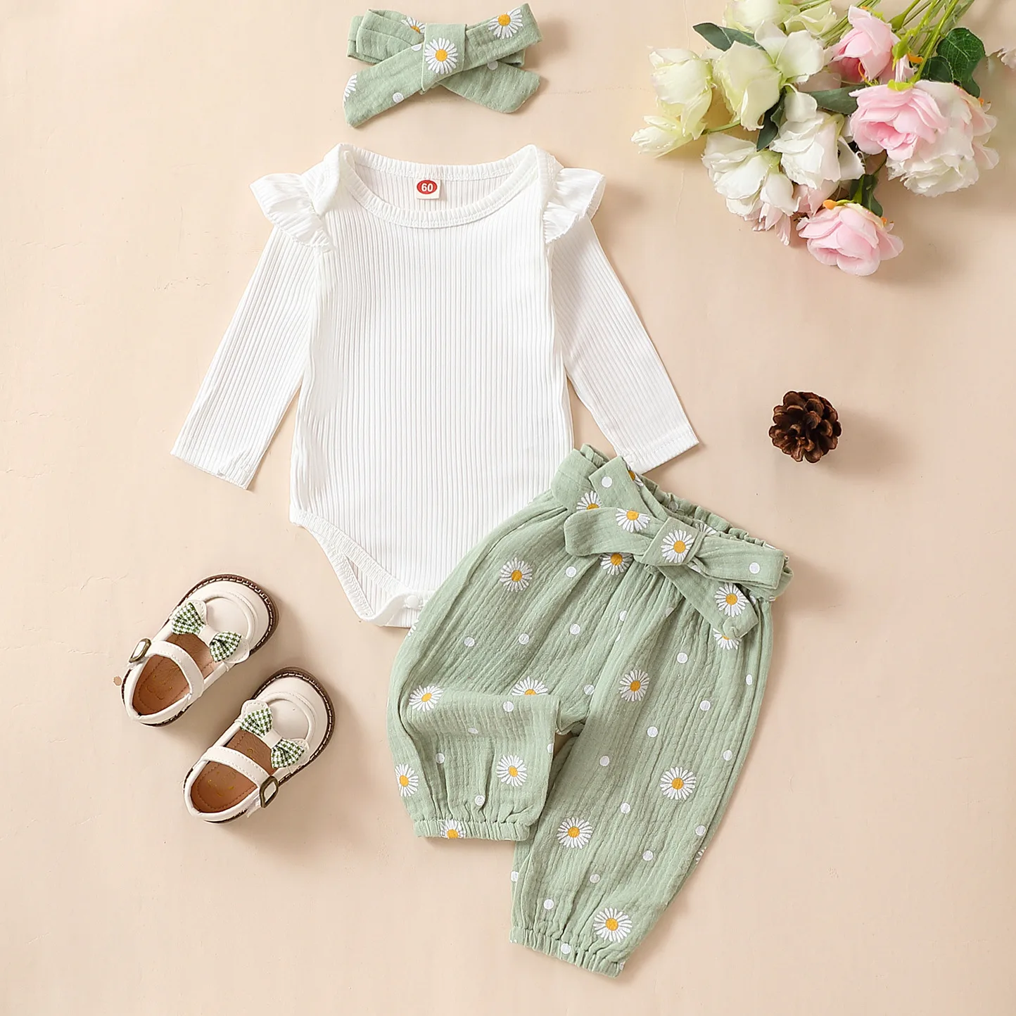 

Spring Infant Baby Girls Pants Sets White Long Sleeve Ruffle Romper Daisy Print Belted Pants Headband Autumn Sets