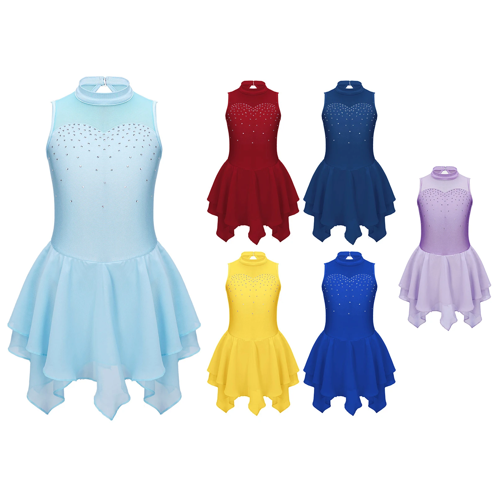 Kids Girls Ballet Dance Dress Sleeveless Round Collar Shiny Rhinestone Mesh Patchwork Hollow Back Stage Performance Clothing