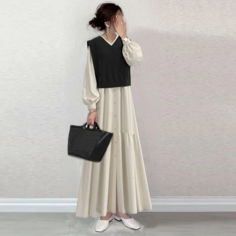 

Harajuku Y2k Long Dress Suits for Women Black Vest Tops with Loose Lantern Sleeves A-line Pleated Maxi Dresses Streetwear Outfit