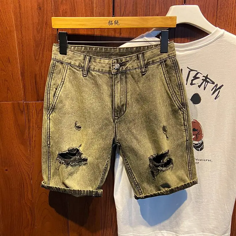 

Американский стиль, желтые грязевые модные рваные джинсовые шорты, новые мужские потертые свободные брюки в стиле ретро, мужская одежда