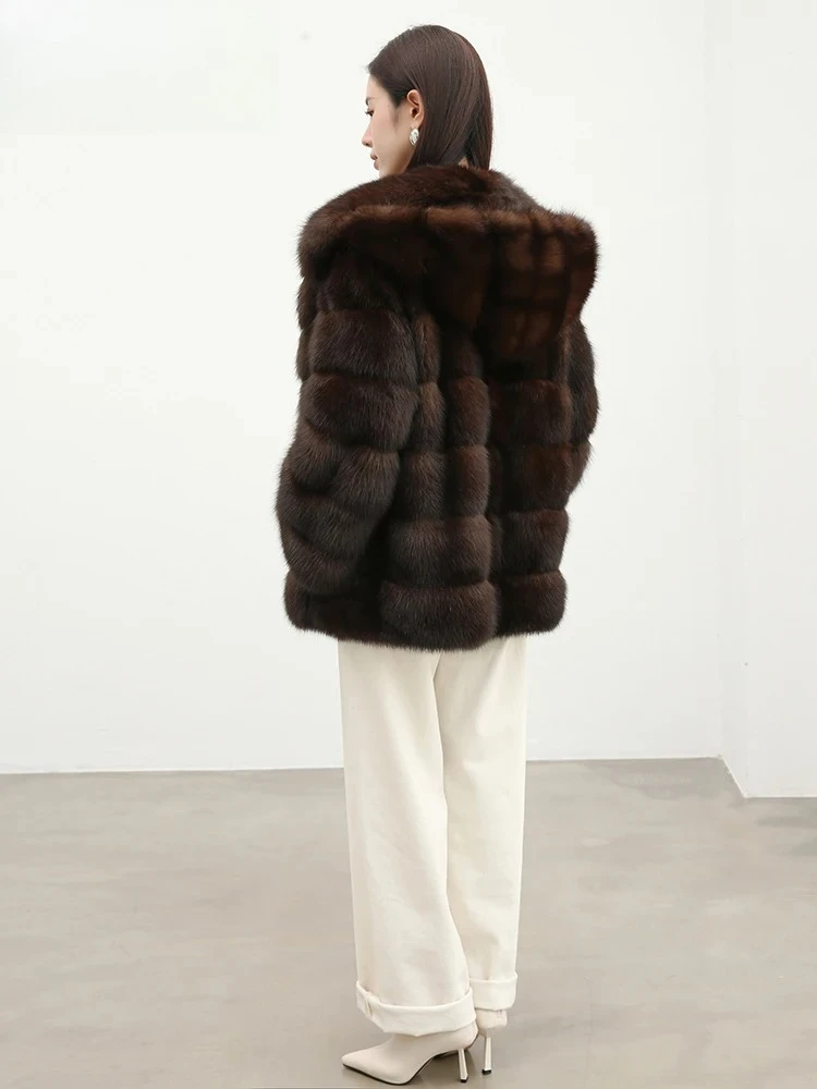 秋冬フェイクセーブルファーコート エレガントラグジュアリーシック 厚手 暖かい ソフト レディース フード付き 高品質 ふわふわジャケット パーカー