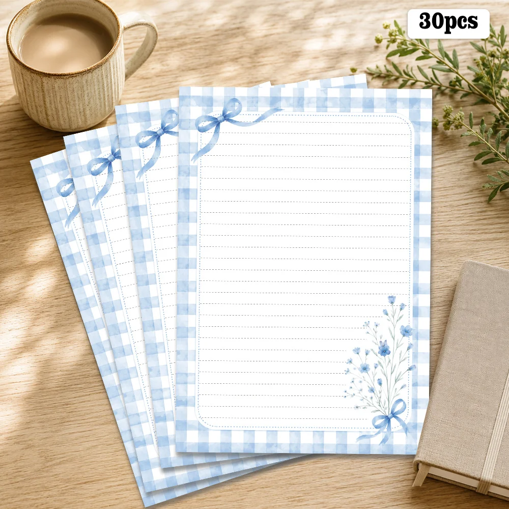 30 Sheets, B5, Blue Bow-themed Writing Paper, Lined, Unglued, Very Suitable For Notebooks, Memos, And Stickers