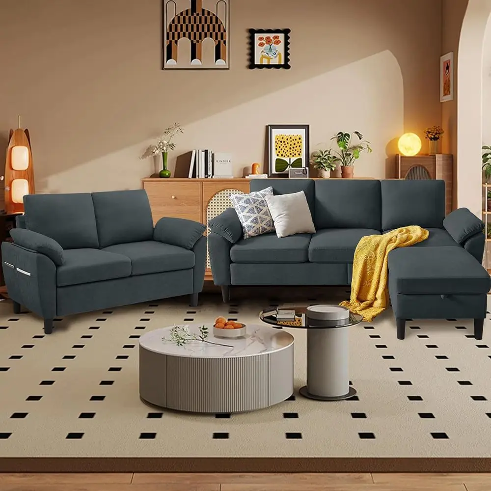 

80" Convertible Sectional Soa Set, ern Linen Small L Shaped Couch with Reversible Chaise and Loveseat Soa, 3-Seat Soa Couches or