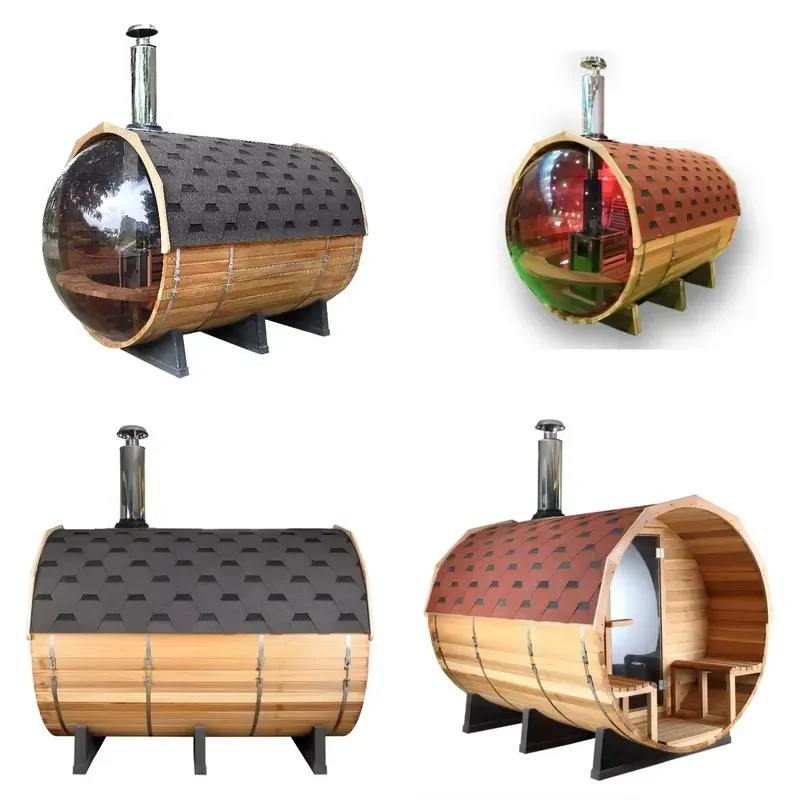 Custom 4-6 Person Round Barrel Sauna Outdoor Red Cedar Solid Wood Dry Steam Room Panoramic View Garden Spa Heater Kit