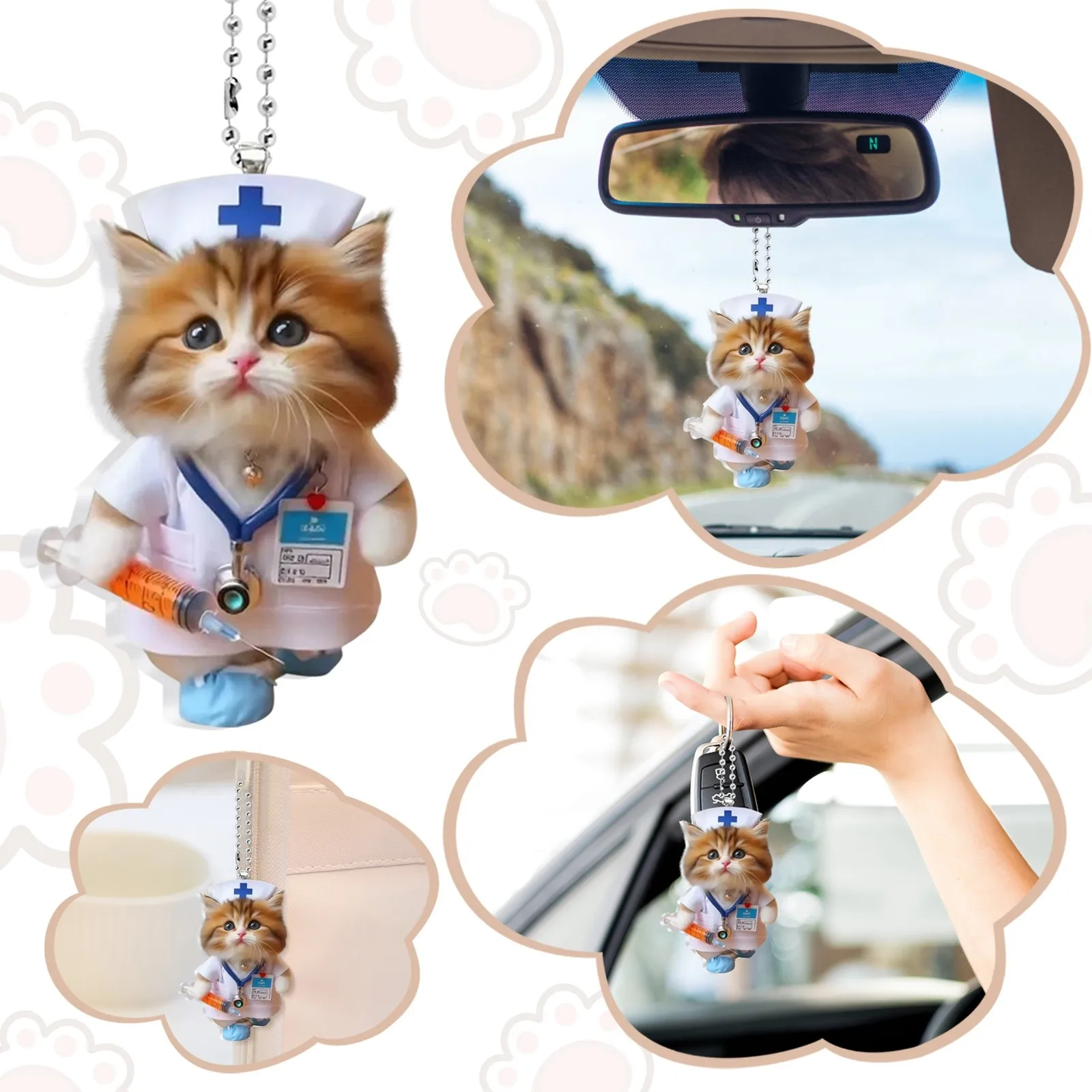 Cute Cat Car Hanging Ornament Creative Car Hanging Ornaments 2D Flat Car Pendant Nurse Cat Backpack Rearview Mirrors Pendant view 6