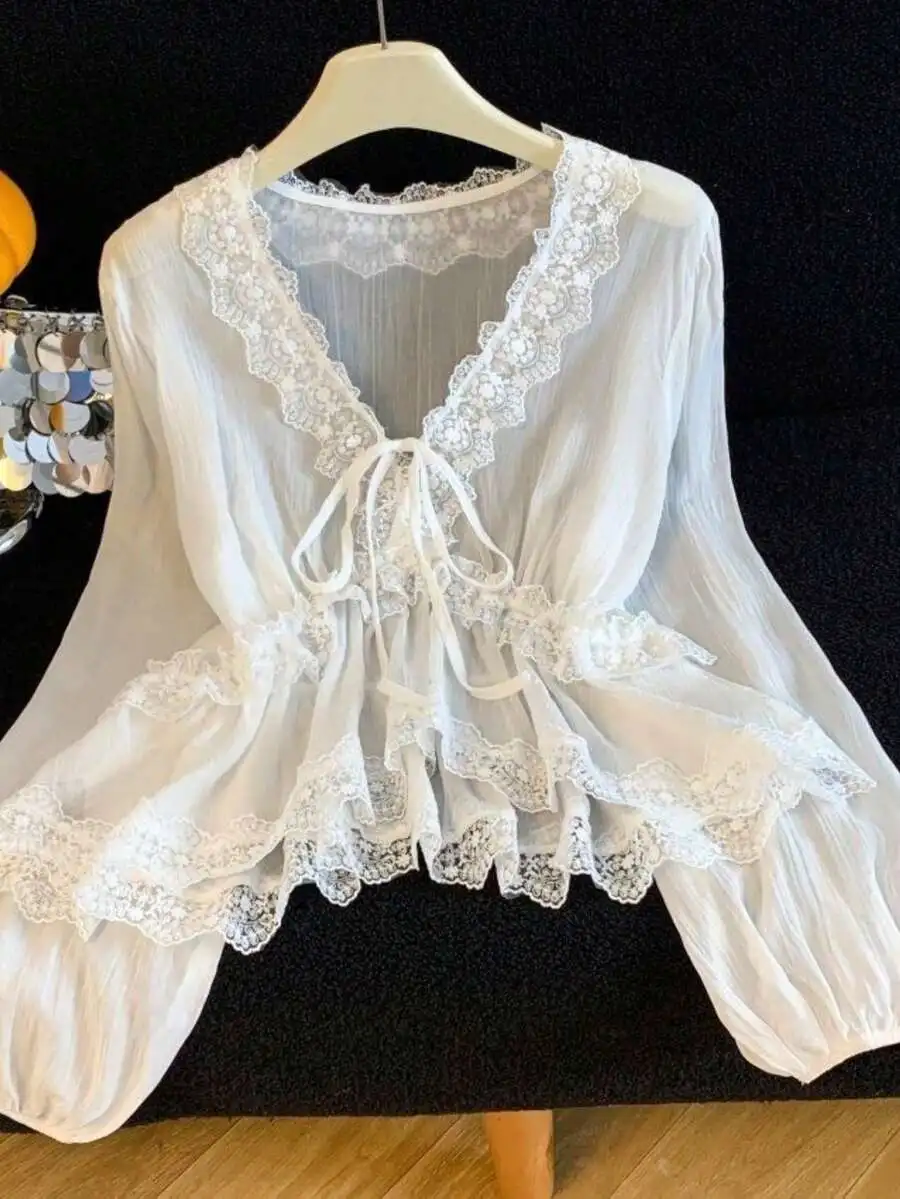 Bohemian Lace V-Neck Ruffle Top With Puff Sleeves And Lace-Up Detail Casual Beach Shirt