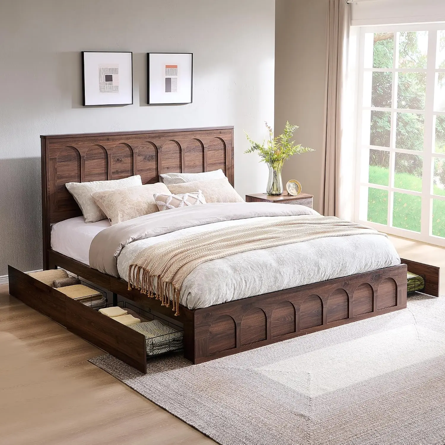 Arched King Bed Frame with 4 Storage Drawers, Wood Platform, No Box Spring Needed, Customized