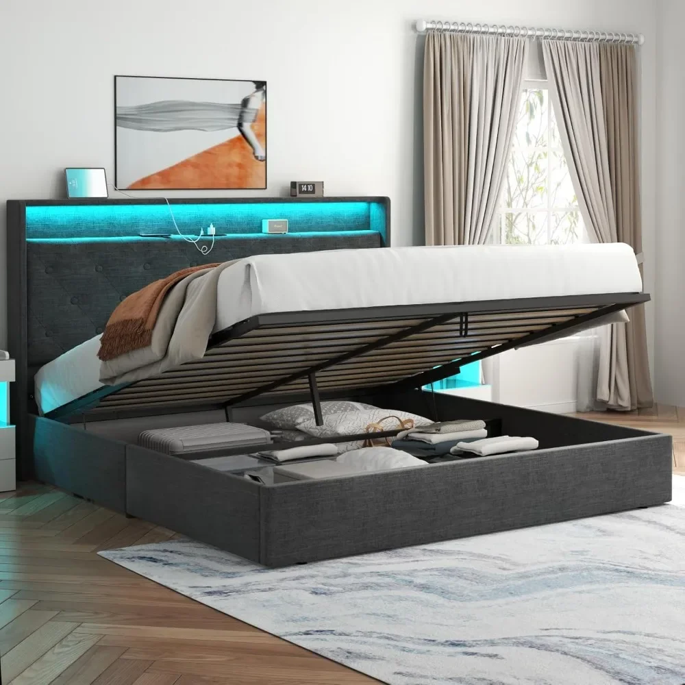 Estrutura de cama elevatória, cama estofada com estação de carregamento, luzes LED, cabeceira de armazenamento aleta, sem necessidade de molas de caixa