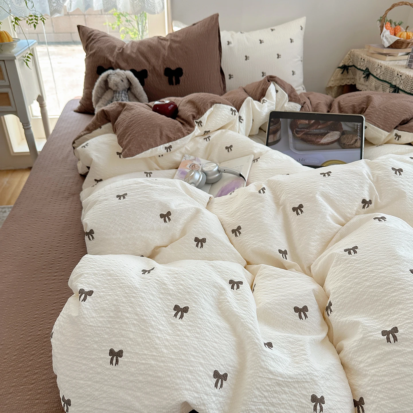 2026 New Ins Korean Bedding Set Cream Style Bow Fresh, King Queen Size for Bedroom Decor, 0.9m/1.2m Single for Student Dormitory
