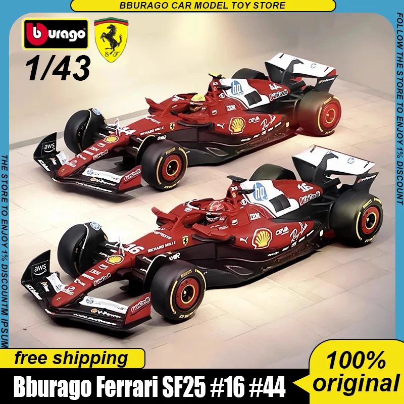 Nuevo en Stock Bburago 1:43 2025 F1 Ferrari Sf25 caja acrílica aleación miniatura modelos fundidos Ferrari Sf25 # 44 ﻿ Juguetes de coches Hamilton