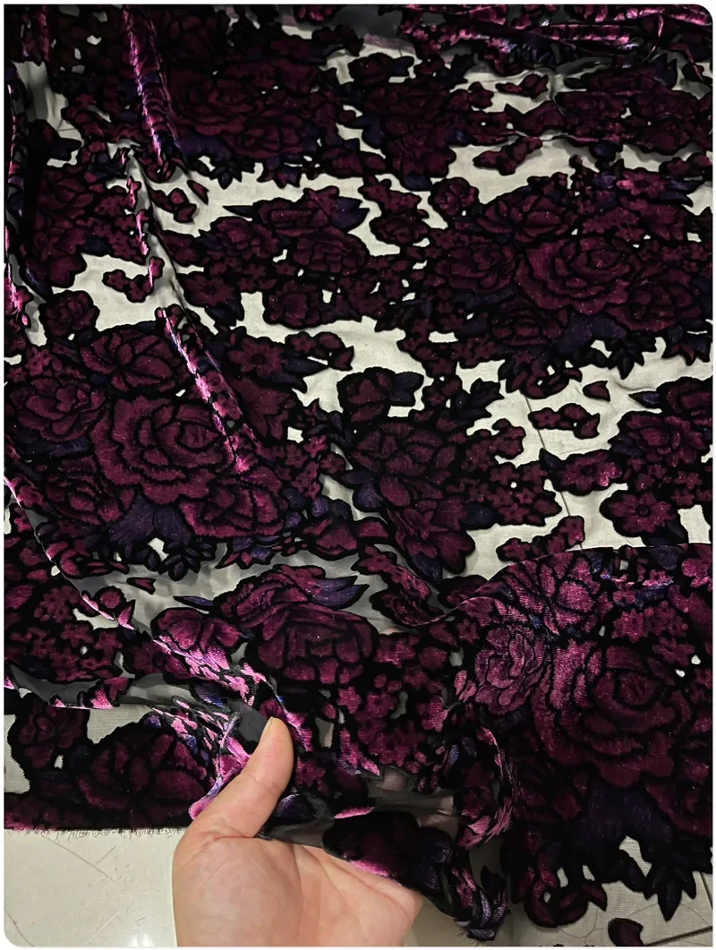 High Grade Purple Flower Mulberry Silk Velvet Cloth Dress Cheongsam Skirt Fabric