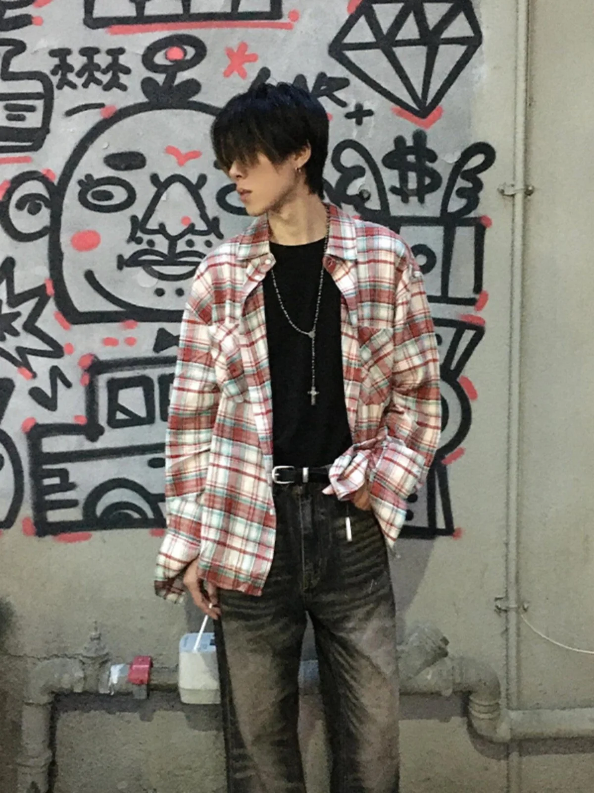 

Vintage American Red Plaid irt Men's Spring Autumn High Sensation Cool Outerwear Cardigan Jaet Polyester Cotton Blend