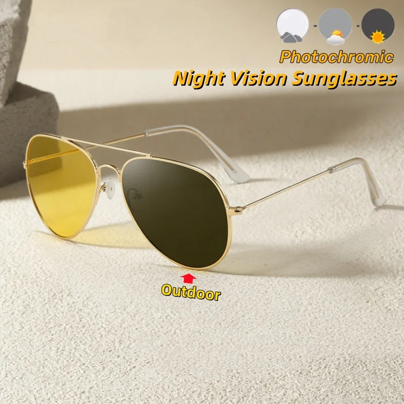 

Retro Metal-framed Night Vision Photochromic Glasses Pilot Sunglasses for Night Driving UV400 Resistant Eye Protection Eyewear