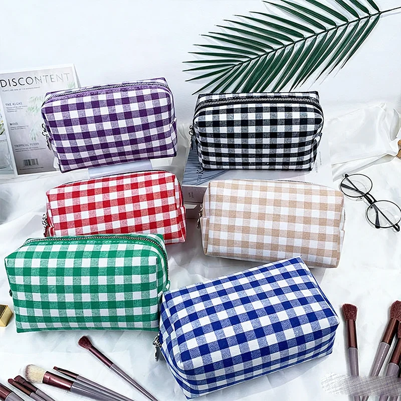 

Косметичка в клетку для женщин, винтажный дорожный органайзер для макияжа, чехол для хранения туалетных принадлежностей, милый чехол для ухода за кожей, подарок для женщин и мужчин