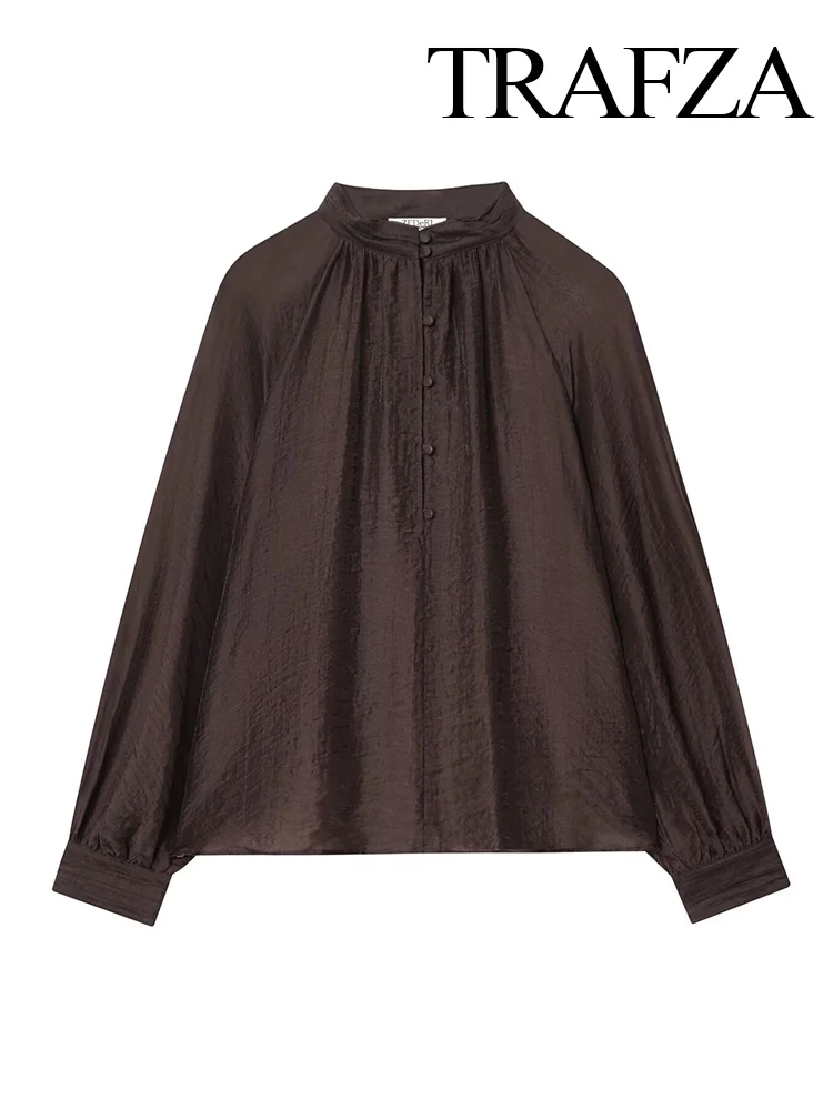 

TRAFZA Women's Fashion Vintage Stand-up Collar Puff Sleeve Translucent Shirt Female Tencel Fabric Loose Casual Long Sleeve Shirt